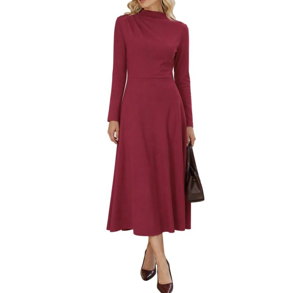 Women Ribbed Knit Mock Neck Casual Fall Long Sleeve Maxi Dress Wine Red
